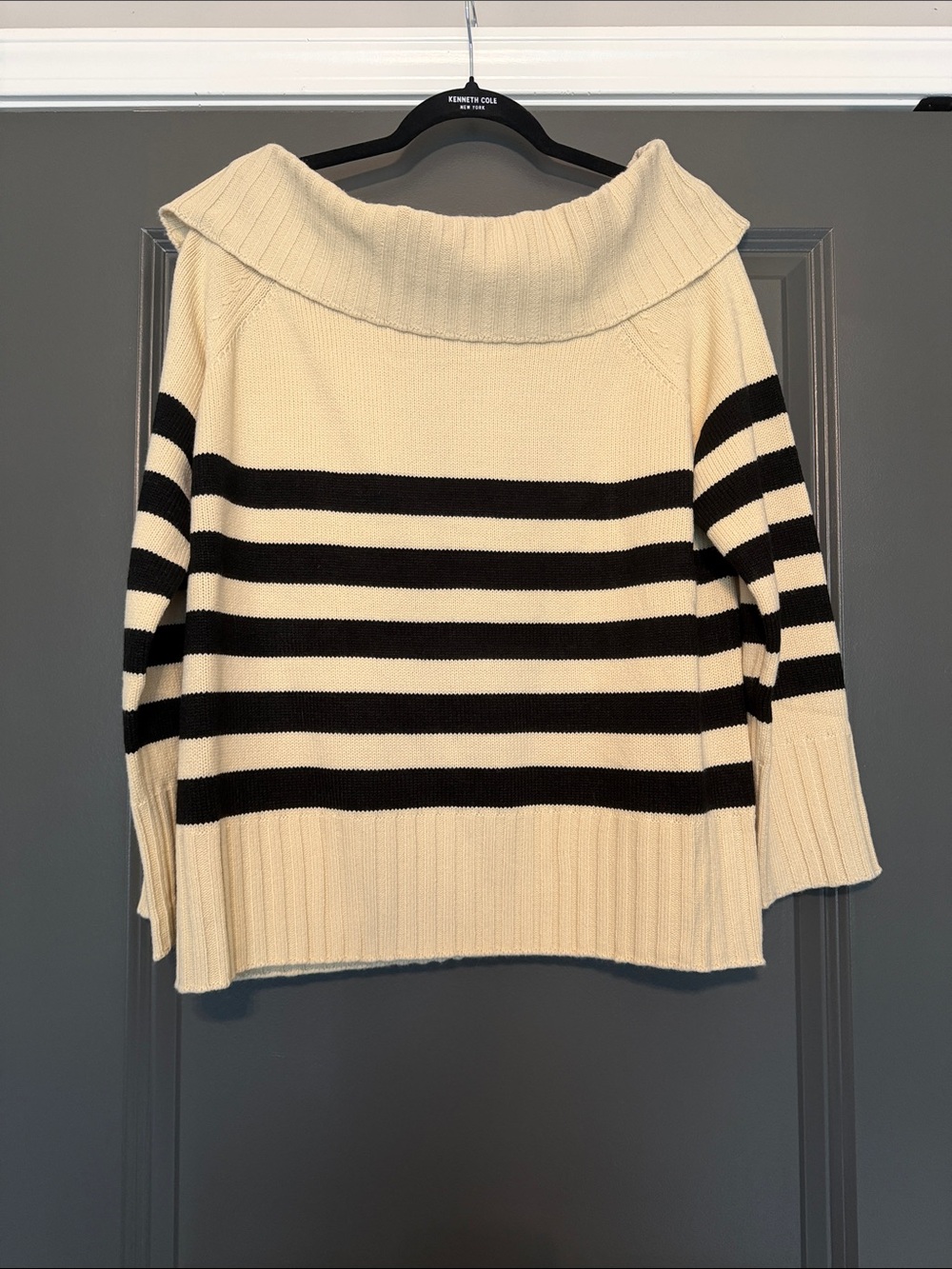 Le Lis Cream and Black Striped Off-Shoulder Sweater